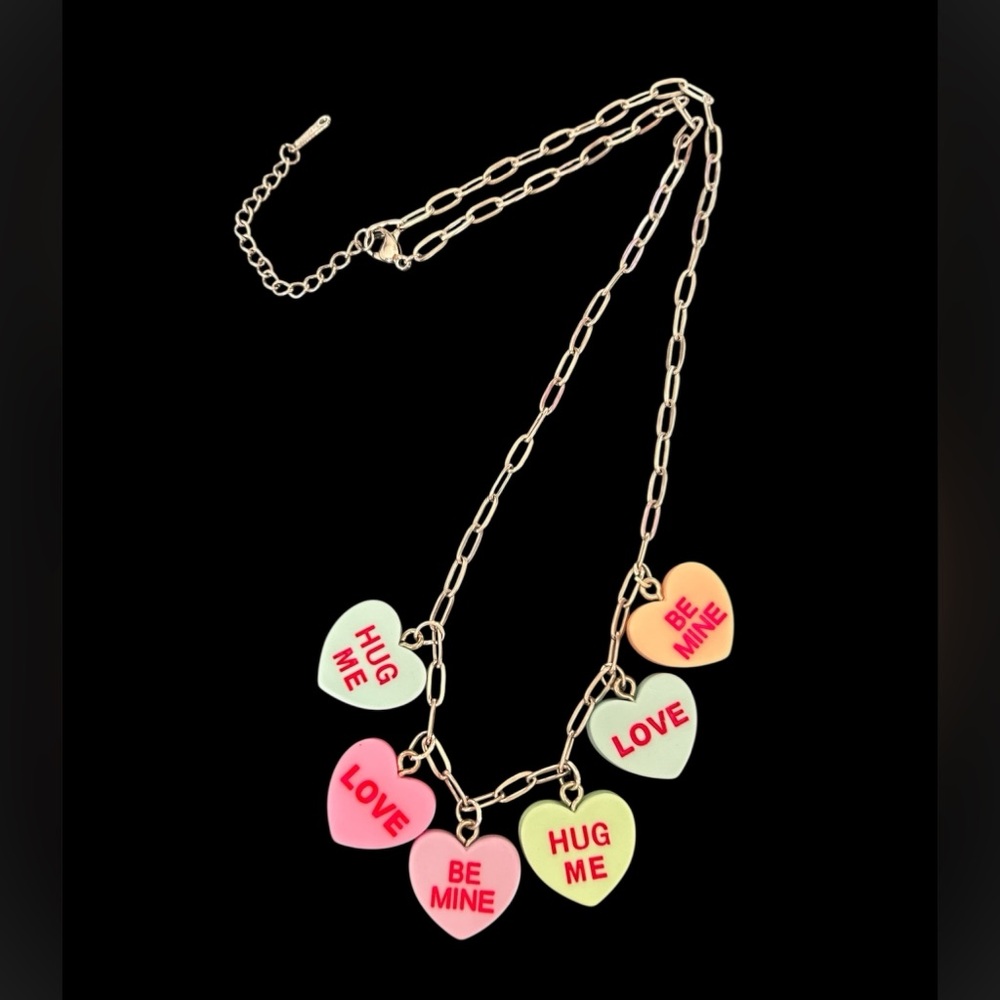 Conversation Hearts Charm Paperclip Necklace Valentine Coquette Jewelry Gift - Picture 4 of 6